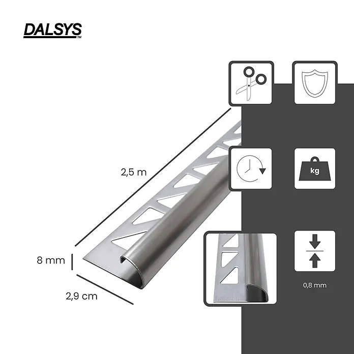 Dalsys Viertelkreis-Profil 2,5m Fliesenschiene 8mm Viertelkreis Edelstahl Gebürstet - Edelstahl, Silber - DALSYS silberne Metallfliesenleiste, 2,5 m lang, 8 mm hoch, 2,9 cm breit, 0,8 mm dick, zuschneidbar und langlebig.