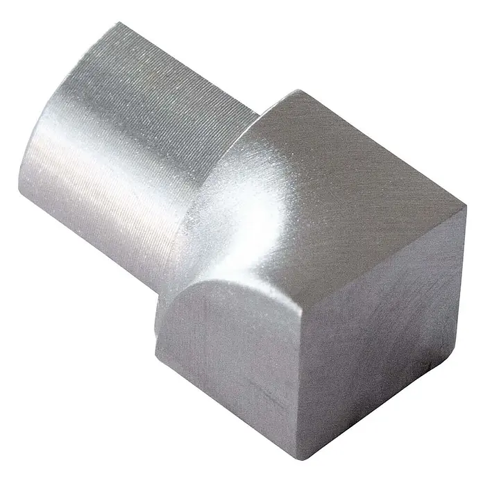 Dalsys Viertelkreis-Profil 8mm Inneneck Fliesenschiene Viertelkreis Edelstahl Gebürstet - Edelstahl, Silber - Silberfarbenes, L-förmiges Metallfitting mit geripptem zylindrischem Ende und quadratischem Blockende.