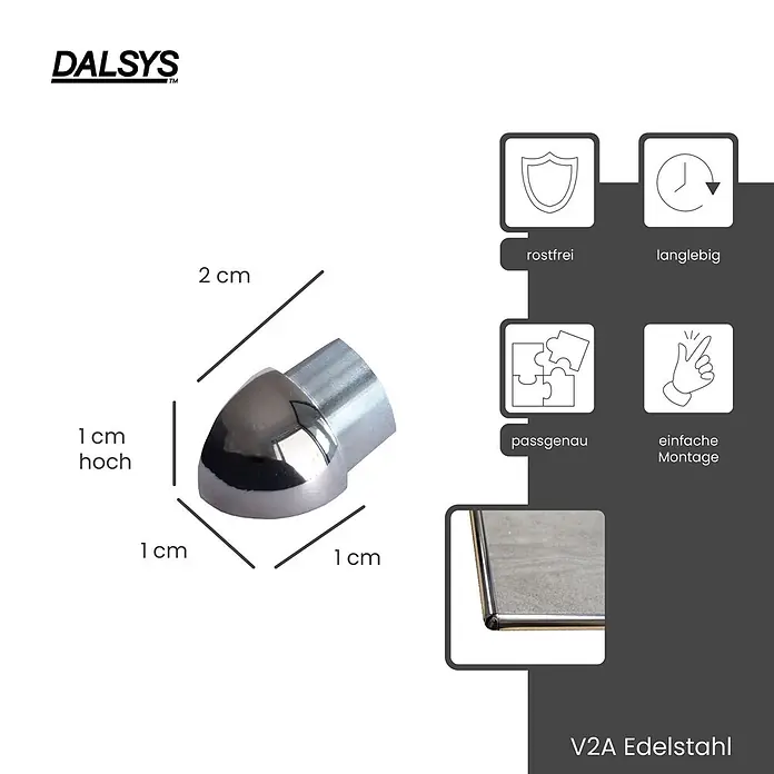 Dalsys Viertelkreis-Profil 10mm Außeneck Fliesenschiene Edelstahl Poliert - Edelstahl, Silber - Polierte V2A Edelstahl-Eckkappe, 2 cm lang, 1 cm hoch, für Profile. Rostfrei, passgenau und langlebig.