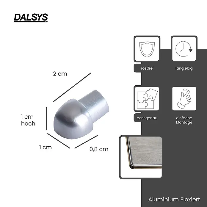 Dalsys Viertelkreis-Profil 5x Außeneck Fliesenschiene 8mm Aluminium Chrom - Aluminium, Silber - Silbernes Eckstück aus eloxiertem Aluminium (ca. 2x1 cm) für Profile, rostfrei, langlebig und einfach zu montieren.