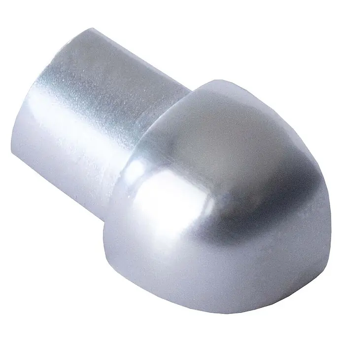 Dalsys Viertelkreis-Profil 8mm Außeneck Fliesenschiene Aluminium Chrom - Aluminium, Silber - Silberfarbene Endkappe, zylindrischer Sockel, abgerundete Oberseite.