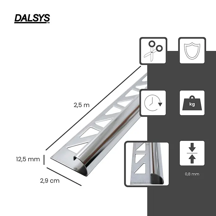 Dalsys Viertelkreis-Profil 2,5m Fliesenschiene 12,5mm Viertelkreis Edelstahl Poliert - Edelstahl, Silber - Silbernes Metallfliesenprofil, 2,5 m lang, 12,5 mm hoch, mit gelochtem Befestigungssteg und 0,8 mm Materialstärke.