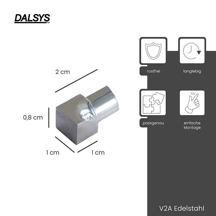 Dalsys Viertelkreis-Profil 5x Inneneck 8mm Fliesenschiene Viertelkreis Edelstahl Poliert - Edelstahl, Silber - L-förmiges Verbindungselement aus V2A Edelstahl, 2x1x0,8 cm.