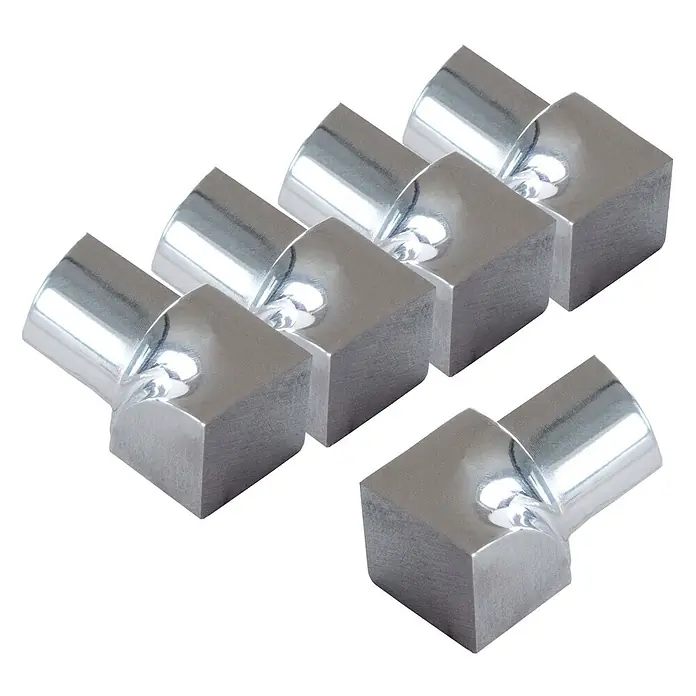 Dalsys Viertelkreis-Profil 5x Inneneck 8mm Fliesenschiene Viertelkreis Edelstahl Poliert - Edelstahl, Silber - Sechs polierte silberne Metall-Eckverbinder, jeweils mit quadratischer Basis und abgewinkeltem zylindrischem Arm.