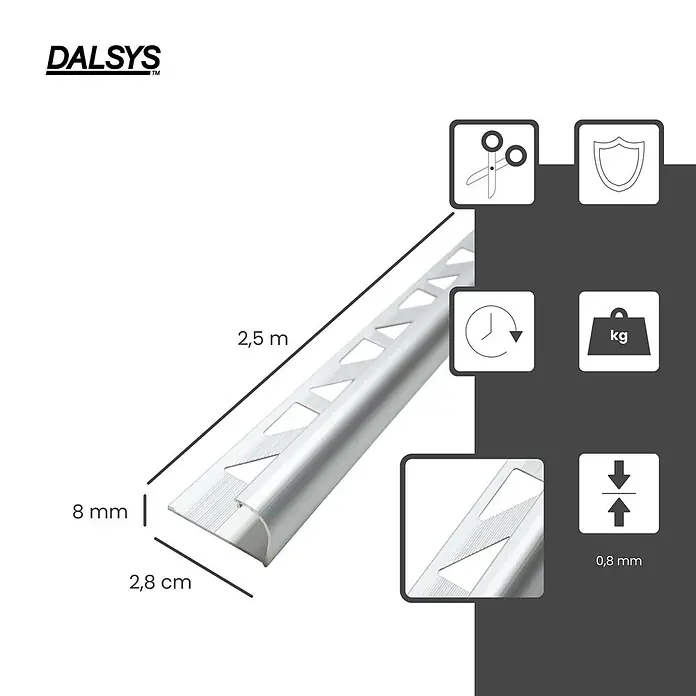 Dalsys Viertelkreis-Profil 2,5m Fliesenschiene 8mm Aluminium Chrom - Aluminium, Silber - Silberfarbenes Metallfliesenprofil, 2,5m lang, 8mm hoch, 2,8cm breit, mit 0,8mm Materialstärke.