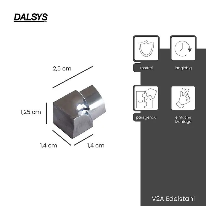 Dalsys Viertelkreis-Profil 12,5mm Inneneck Fliesenschiene Viertelkreis Edelstahl Poliert - Edelstahl, Silber - Polierter V2A Edelstahl 90-Grad-Eckverbinder, 1,25x1,4x2,5 cm, rostfrei und langlebig.