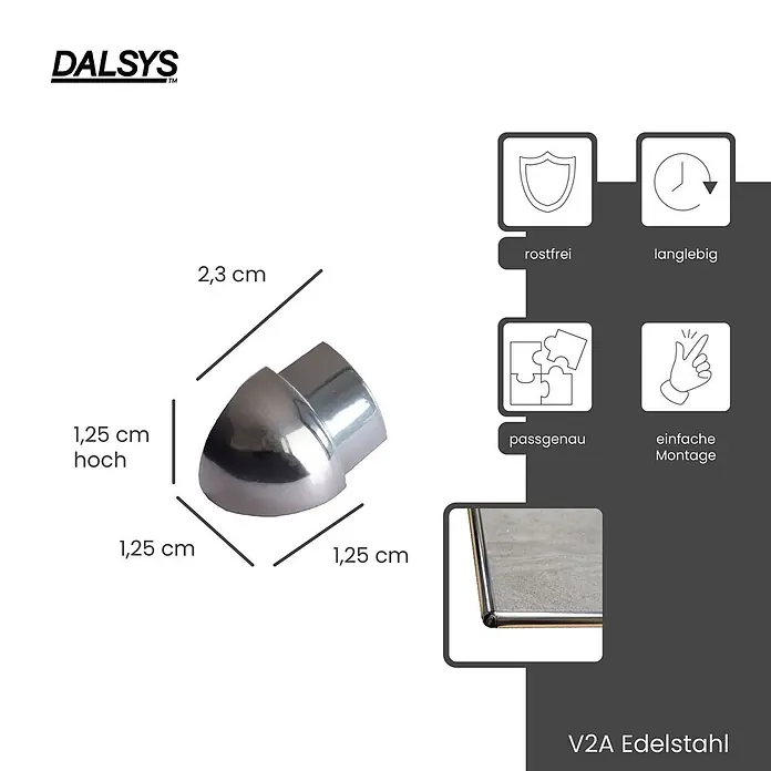 Dalsys Viertelkreis-Profil 12,5mm Außeneck Fliesenschiene Edelstahl Poliert - Edelstahl, Silber - Silberne V2A Edelstahl Rund-Eckkappe, 2,3 cm lang x 1,25 cm hoch.