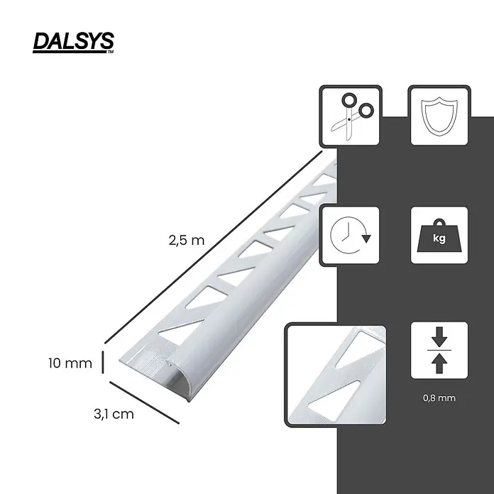 Dalsys Viertelkreis-Profil 2,5m Fliesenschiene 10mm Aluminium Weiß - Aluminium, Weiß - Silbernes Metall-Fliesenprofil, 2,5m lang, 10mm hoch.