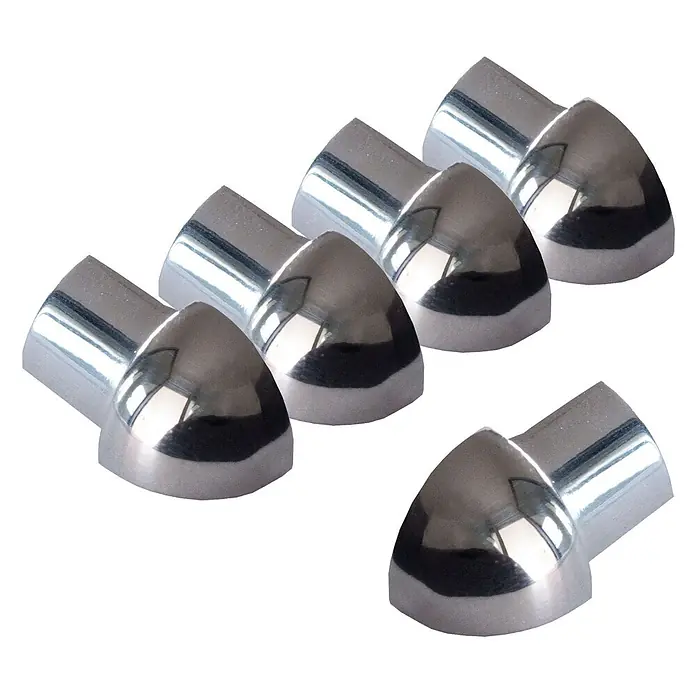 Dalsys Viertelkreis-Profil 5x Außeneck Fliesenschiene 8mm Edelstahl Poliert - Edelstahl, Silber - Sechs glänzende, verchromte Eckkappen aus Metall.