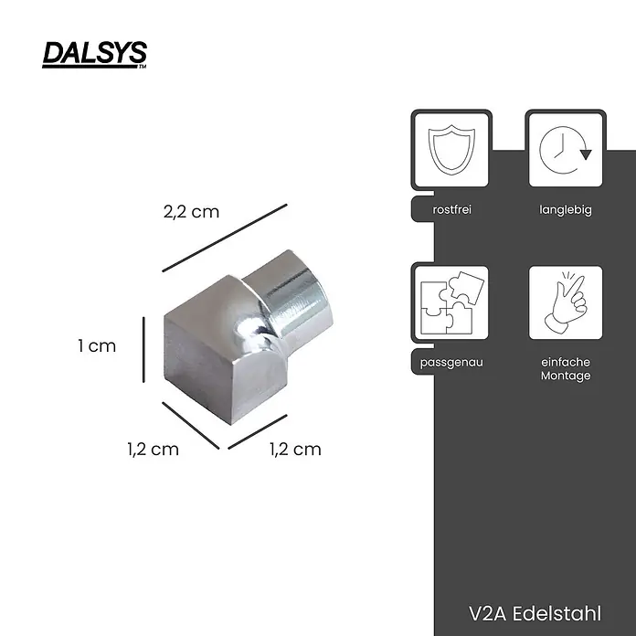 Dalsys Viertelkreis-Profil 10mm Inneneck Fliesenschiene Viertelkreis Edelstahl Poliert - Edelstahl, Silber - L-förmiger Verbinder aus V2A Edelstahl, rostfrei und langlebig, Maße 2,2 x 1,2 x 1 cm. Passgenau für einfache Montage.