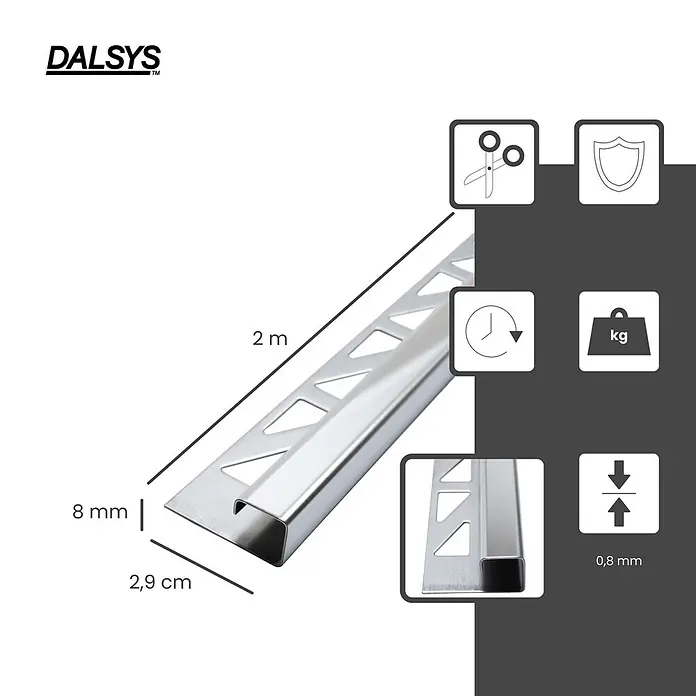 Dalsys Quadroprofil 2m Fliesenschiene 8mm Eckprofil Quadrat Edelstahl Poliert - Edelstahl, Silber - Silberfarbene Metall-Fliesenleiste, 2m lang, 8mm hoch, 2,9cm breit und 0,8mm dick, mit perforierten Befestigungsstegen.