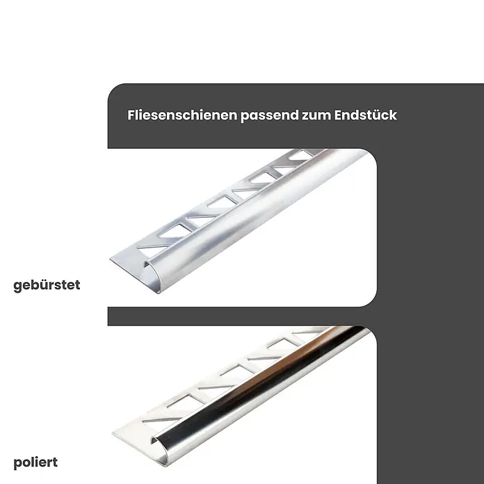 Dalsys Viertelkreis-Profil 10mm Außeneck Fliesenschiene Edelstahl Poliert - Edelstahl, Silber - Zwei Fliesenschienen in gebürsteter und polierter Metallausführung.