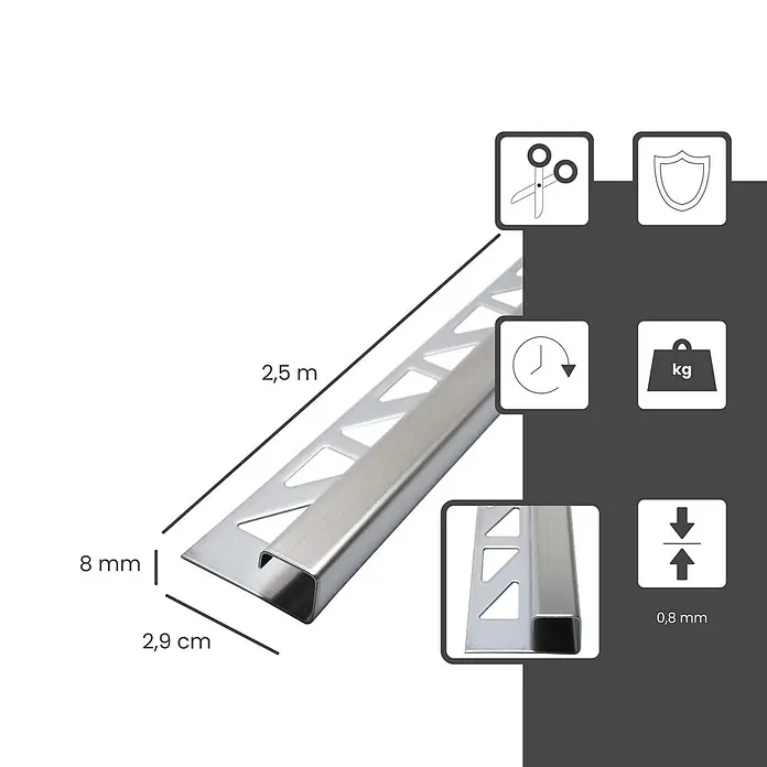 Dalsys Quadroprofil 5x Fliesenschiene 2,5m x 8mm Eckprofil Quadrat Edelstahl Gebürstet - Edelstahl, Silber, 0,8 cm - Silbernes Metallfliesenprofil, 2,5 m lang, 8 mm hoch, 2,9 cm breit und 0,8 mm dick.