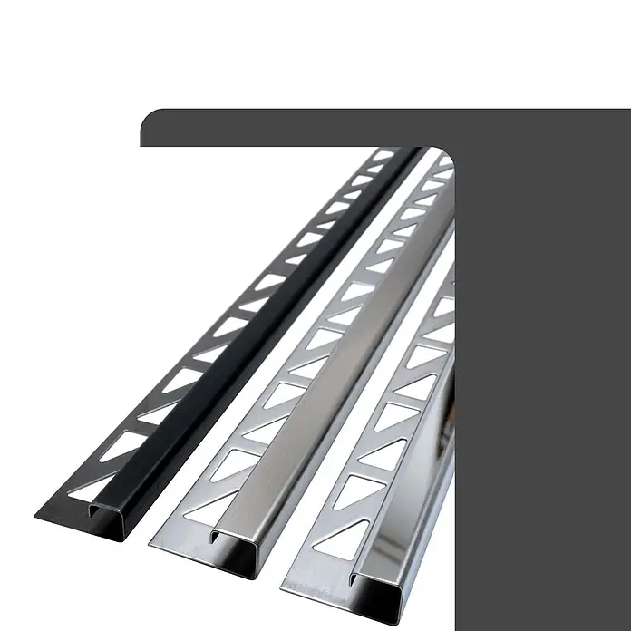 Dalsys Quadroprofil 2,5m Fliesenschiene 12,5mm Eckprofil Quadrat Edelstahl Schwarz - Edelstahl, Schwarz, 1,2 cm - Drei Metall-Fliesenprofile: schwarz, gebürsteter und polierter Edelstahl, mit dreieckigen Perforationen.