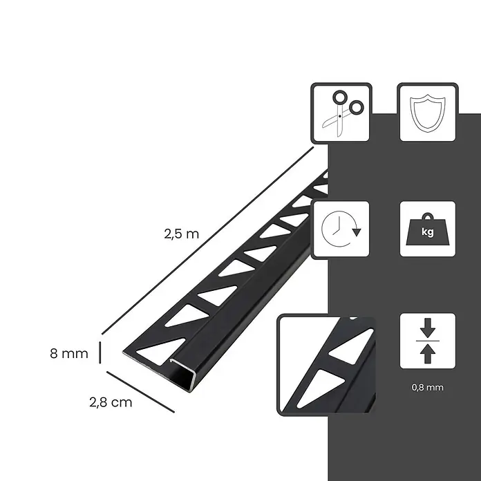 Dalsys Fliesenprofil 2,5m Fliesenschiene 8mm Eckprofil Aluminium Schwarz - Aluminium, Schwarz, 250 x 8 cm - Schwarze Fliesenschiene, 2,5m lang, 8mm hoch, 2,8cm breit, mit gelochtem Flansch.