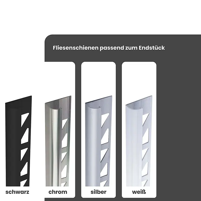 Dalsys Viertelkreis-Profil 12,5mm Außeneck Fliesenschiene Aluminium Schwarz - Aluminium, Schwarz - Vier verschiedene Fliesenschienen: schwarz, chrom, silber und weiß, aufrecht präsentiert, um ihre Profile zu zeigen.