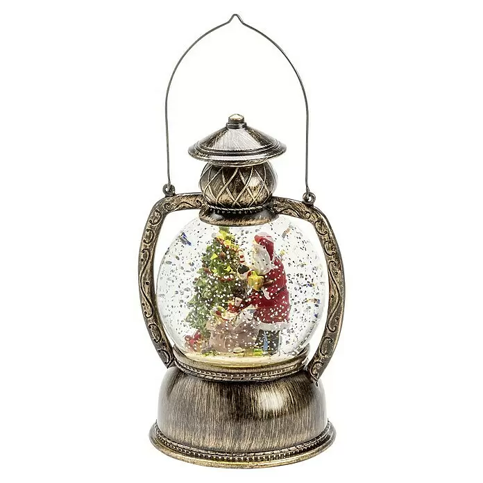 Konstsmide LED-Schneelaterne Weihnachtsmann - Innen, Braun, 12,7 x 10,8 x 20 cm, Weihnachtsmann, Batteriebetrieben - Eine Schneekugel in einer Laterne mit antikem Bronze-Finish, Weihnachtsmann, Baum und Geschenken, gefüllt mit Glitzer.