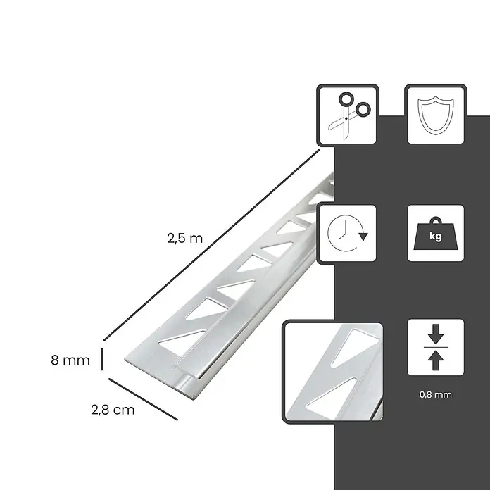 Dalsys Fliesenprofil 5x Fliesenschiene 2,5m x 8mm Eckprofil Aluminium Silber matt - Aluminium, Silber - Silbernes L-Profil Fliesenabschlussschiene, 2,5m lang, 8mm hoch, 2,8cm breit, 0,8mm Materialstärke.