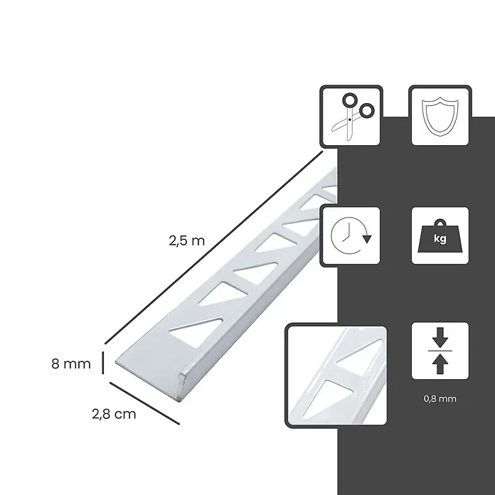 Dalsys Fliesenprofil 5x Fliesenschiene 2,5m x 8mm Winkelprofil Aluminium Weiß - Aluminium, Weiß, 250 x 8 cm - Silberfarbene Metall-Fliesenleiste (2,5m x 8mm x 2,8cm) mit perforiertem Verankerungsschenkel.