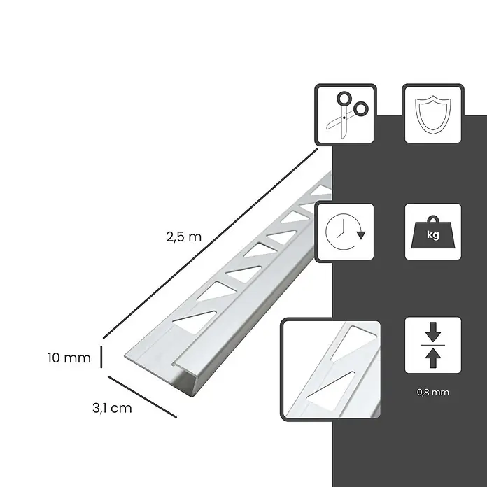 Dalsys Fliesenprofil 2,5m Fliesenschiene 10mm Eckprofil Aluminium Chrom - Aluminium, Silber, 250 x 1 cm - Silbernes Aluminium-Fliesenprofil (Winkelprofil), 2,5 m lang, 10 mm hoch, 0,8 mm dick, mit gelochtem Ankersteg.
