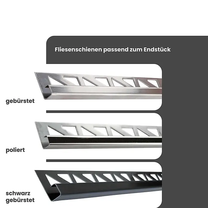 Dalsys Quadroprofil 12,5mm Endstück Quadratprofil Edelstahl Poliert - Edelstahl, Silber - Drei Fliesenschienen: silber gebürstet, silber poliert und schwarz gebürstet, passend für Endstücke.