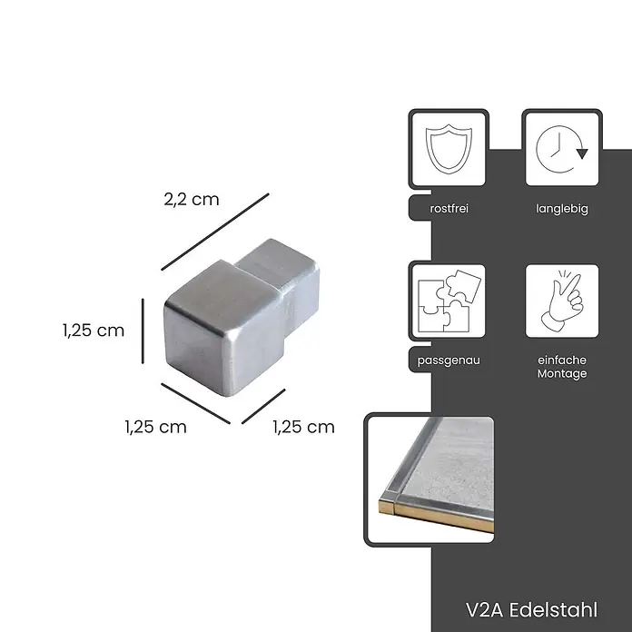 Dalsys Quadroprofil 5x Endstück 12,5mm Quadratprofil Edelstahl Gebürstet - Edelstahl, Silber - Silbernes V2A Edelstahl Eckverbinder-Stück, 1,25 cm x 1,25 cm x 2,2 cm. Rostfrei, langlebig und passgenau für einfache Montage.