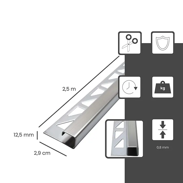 Dalsys Quadroprofil 2,5m Fliesenschiene 12,5mm Eckprofil Quadrat Edelstahl Gebürstet - Edelstahl, Silber - Edelstahlfliesenprofil, 2,5m lang, 12,5mm hoch, 0,8mm dick. Zum Schutz von Fliesenrändern.