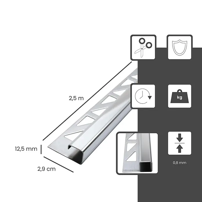 Dalsys Quadroprofil 2,5m Fliesenschiene 12,5mm Eckprofil Quadrat Edelstahl Poliert - Edelstahl, Silber - Glänzendes Metall-L-Profil für Fliesen, 2,5 m lang, 12,5 mm hoch, 2,9 cm breit, 0,8 mm dick, mit Perforationen.