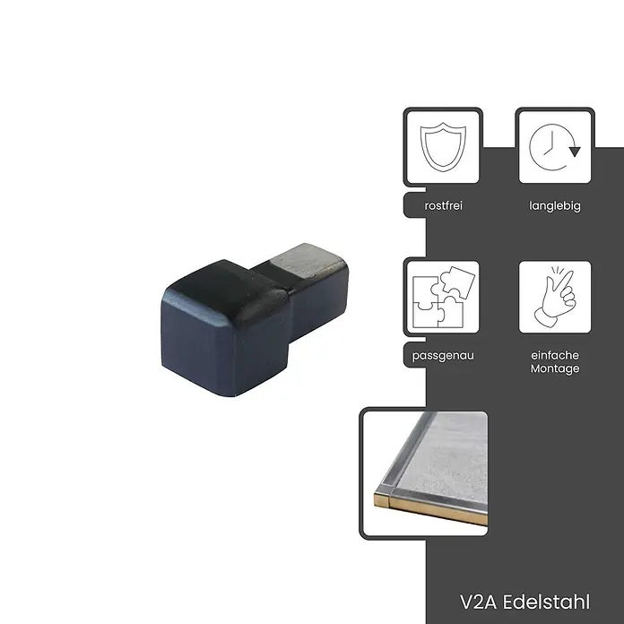 Dalsys Quadroprofil 8mm Endstück Quadratprofil Edelstahl Schwarz gebürstet - Edelstahl, Schwarz - Schwarzes Eckstück mit V2A-Edelstahleinsatz, rostfrei und passgenau für Duschabläufe.