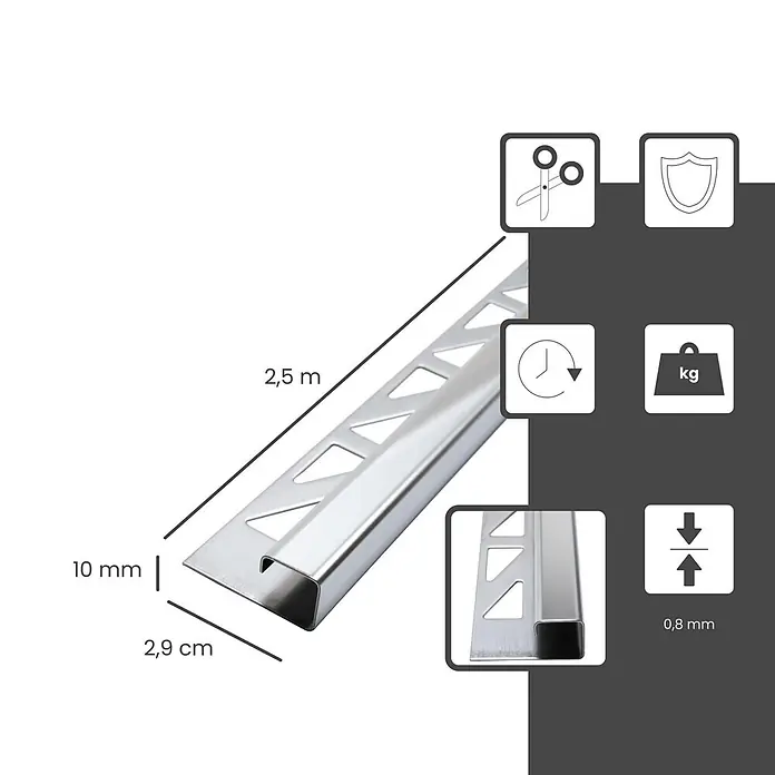 Dalsys Quadroprofil 2,5m Fliesenschiene 10mm Eckprofil Quadrat Edelstahl Poliert - Edelstahl, Silber - Glänzendes silbernes Edelstahlfliesenprofil mit perforiertem Ankersteg zur Kantenveredelung.