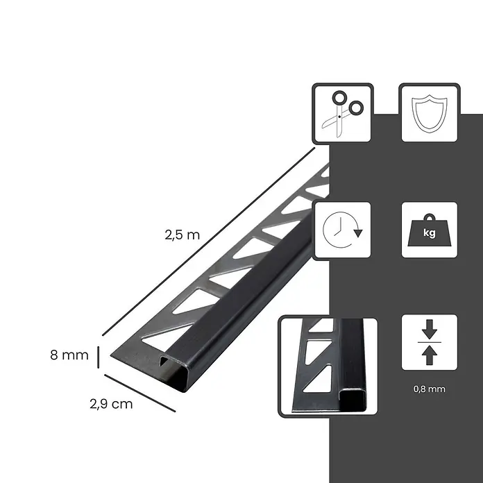 Dalsys Quadroprofil 2,5m Fliesenschiene 8mm Eckprofil Quadrat Edelstahl Schwarz - Edelstahl, Schwarz - Dunkles Metall-Fliesenprofil, 2,5 m lang, mit 8 mm Fliesenhöhe, 2,9 cm breit und gelochtem Schenkel für Haftung.