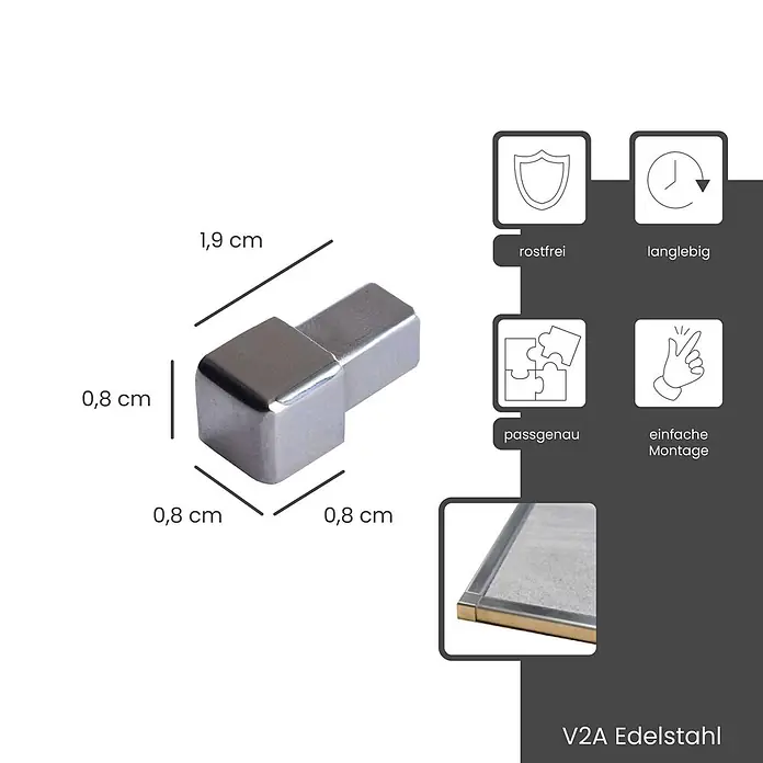 Dalsys Quadroprofil 5x Endstück 8mm Quadratprofil Edelstahl Poliert - Edelstahl, Silber - V2A Edelstahl L-förmiger Eckverbinder, 1,9 x 0,8 cm, rostfrei und langlebig.