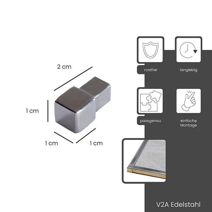 Dalsys Quadroprofil 10mm Endstück Quadratprofil Edelstahl Poliert - Edelstahl, Silber - Glänzendes V2A Edelstahl L-Verbindungsstück, 2x1x1 cm, für Duschkanäle, rostfrei und langlebig.