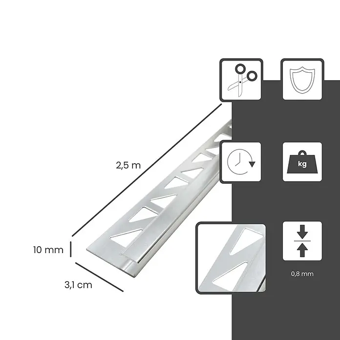 Dalsys Fliesenprofil 2,5m Fliesenschiene 10mm Eckprofil Aluminium Silber matt - Aluminium, Silber, 250 x 1 cm - Silbernes Metall-Fliesenprofil, 2,5 m lang, 10 mm Fliesenhöhe, 3,1 cm breit, 0,8 mm Materialstärke.
