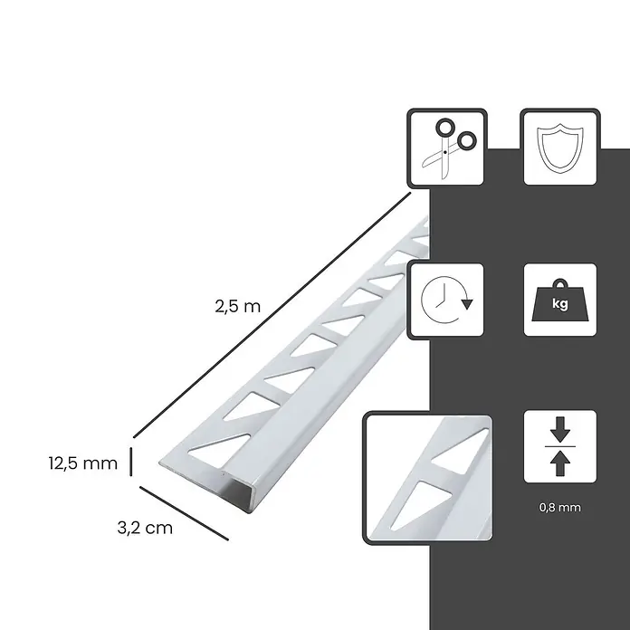 Dalsys Fliesenprofil 2,5m Fliesenschiene 12,5mm Eckprofil Aluminium Weiß - Aluminium, Weiß, 250 x 12 cm - Silbernes L-förmiges Fliesenabschlussprofil, 2,5m lang, gelocht, 12,5mm hoch, 0,8mm stark.