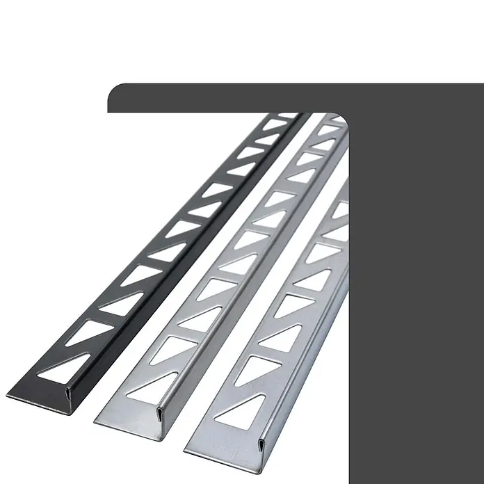 Dalsys Fliesenprofil 2,5m L-Profil Fliesenschiene10mm Winkelprofil Edelstahl Schwarz - Edelstahl, Schwarz, 250 x 1 cm - Drei Metallfliesenprofile in Schwarz und Silber mit dreieckigen Perforationen.