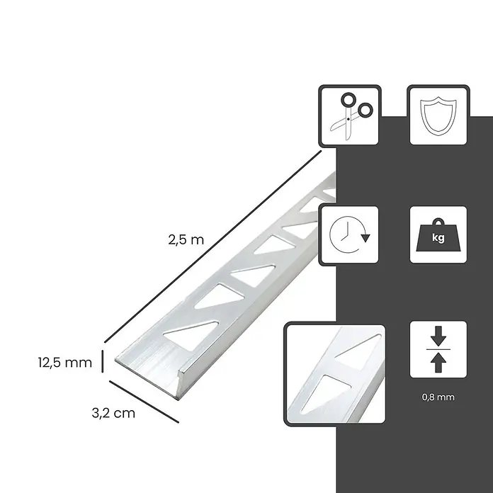 Dalsys Fliesenprofil 2,5m Fliesenschiene 12,5mm Winkelprofil Aluminium Silber - Aluminium, Silber, 250 x 12 cm - Silberfarbenes Aluminium-L-Profil-Fliesenprofil mit dreieckigen Perforationen für bessere Haftung.