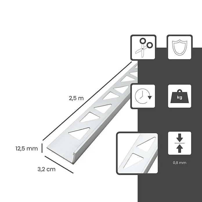Dalsys Fliesenprofil 2,5m Fliesenschiene 12,5mm Winkelprofil Aluminium Chrom - Aluminium, Silber - Silberfarbenes Metallfliesenprofil, 2,5m lang, mit Maßen von 12,5mm Höhe und 3,2cm Breite.