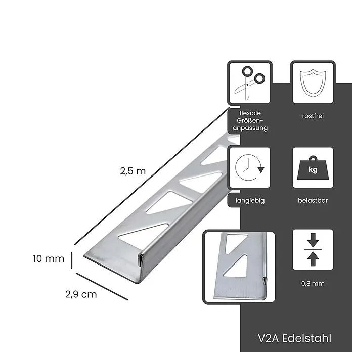 Dalsys Fliesenprofil 2,5m L-Profil Fliesenschiene 10mm Winkelprofil Edelstahl Gebürstet - Edelstahl, Silber - Ein 2,5 m langes V2A Edelstahlfliesenprofil, 10 mm hoch, 2,9 cm breit und 0,8 mm dick, rostfrei und langlebig.