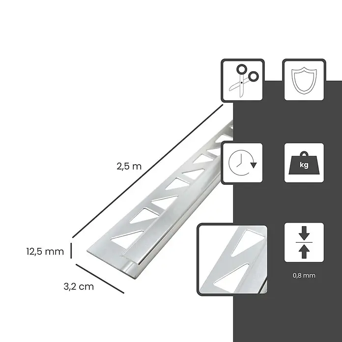 Dalsys Fliesenprofil 2,5m Fliesenschiene 12,5mm Eckprofil Aluminium Silber matt - Aluminium, Silber, 250 x 12 cm - Silberfarbene Fliesenschiene aus Metall, 2,5 m lang, 12,5 mm hoch, 3,2 cm tief und 0,8 mm dick.