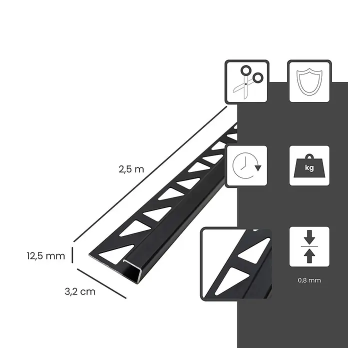 Dalsys Fliesenprofil 2,5m Fliesenschiene 12,5mm Eckprofil Aluminium Schwarz - Aluminium, Schwarz, 250 x 12 cm - Schwarze Metall-Fliesenleiste, 2,5 m lang, 12,5 mm hoch, 0,8 mm dick, mit Perforationen für Fliesenkleber. Zuschneidbar und schützend.