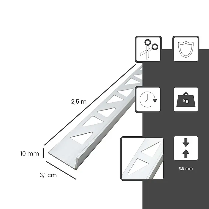 Dalsys Fliesenprofil 2,5m Fliesenschiene 10mm Winkelprofil Aluminium Chrom - Aluminium, Silber - Silberfarbenes perforiertes Fliesenprofil, 2,5 m lang, 10 mm hoch, 3,1 cm breit, 0,8 mm Stärke.