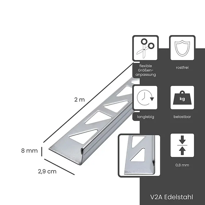 Dalsys Fliesenprofil 2m L-Profil Fliesenschiene 8mm Winkelprofil Edelstahl Poliert - Edelstahl, Silber - Silberne V2A Edelstahl Fliesenschiene, 2m lang, 8mm hoch. Dieses rostfreie, langlebige und belastbare Profil ist 2,9cm breit und 0,8mm dick.