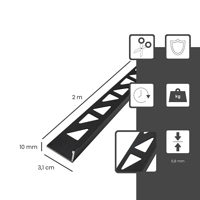 Dalsys Fliesenprofil 2m Fliesenschiene 10mm Winkelprofil Aluminium Silber - Aluminium, Schwarz - Schwarze Fliesenschiene, 2 m lang, 10 mm hoch, 3,1 cm breit, mit 0,8 mm Dicke und perforiertem Ankerschenkel.