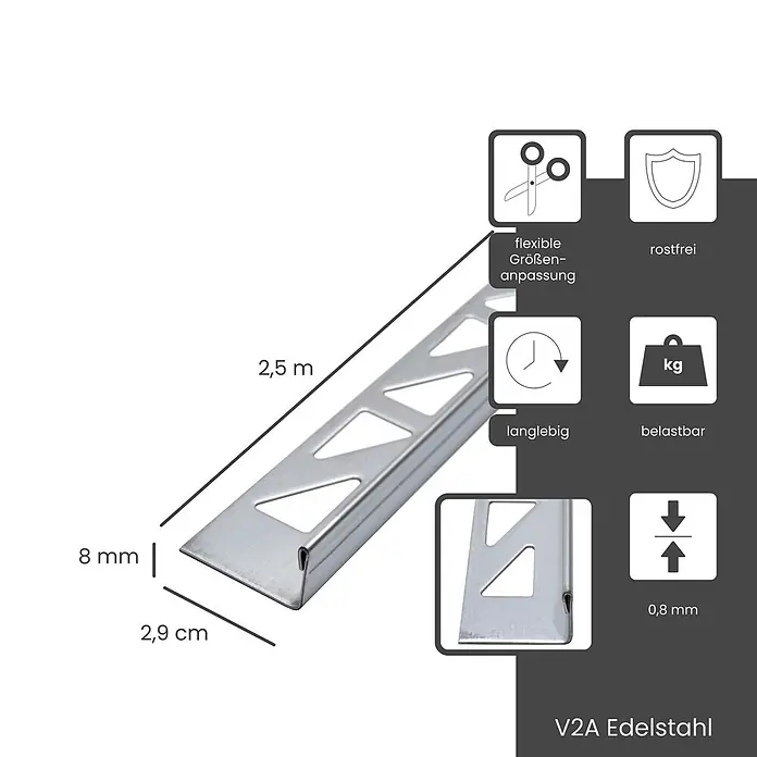 Dalsys Fliesenprofil 2,5m L-Profil Fliesenschiene 8mm Edelstahl Winkelprofil Poliert - Edelstahl, Silber - Silbernes V2A Edelstahl Fliesenschiene, 2,5 m lang, 8 mm hoch.