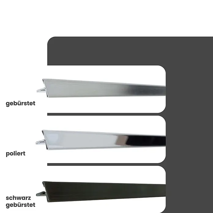 Dalsys T-Profil 2,5m Fliesenschiene 25mm Poliert - Edelstahl, Silber - Drei Metallprofile: gebürstetes Silber, polierter Chrom und gebürstetes Schwarz.