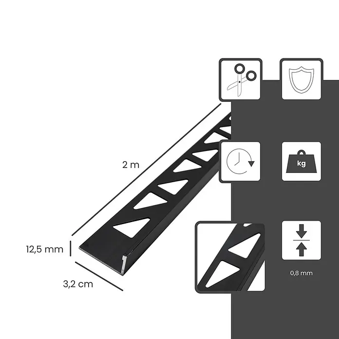 Dalsys Fliesenprofil 2m Fliesenschiene 12,5mm Winkelprofil Aluminium Silber - Aluminium, Schwarz - Schwarzes gelochtes Aluminiumfliesenprofil, 2m lang, 12,5mm Höhe und 3,2cm Basisbreite. Materialstärke 0,8mm.