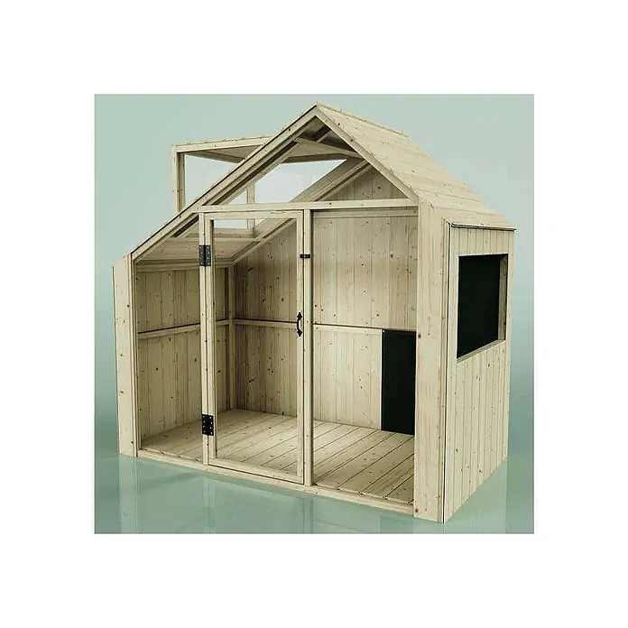 OutdoorToys Spielhaus Sternschnuppe - L x B x H: 102 x 185 x 172 cm, Holz, Naturbelassen - Spielhaus aus Naturholz mit transparenten oberen Abschnitten, Glastür und Seitenfenster.