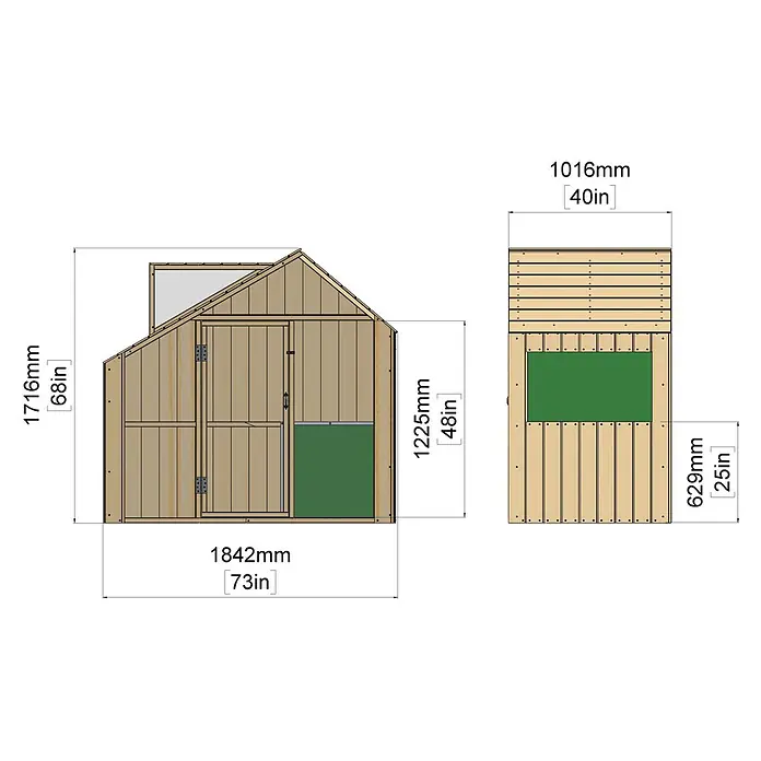 OutdoorToys Spielhaus Sternschnuppe - L x B x H: 102 x 185 x 172 cm, Holz, Naturbelassen - Holzschuppen-Design mit Vorder- und Seitenansicht, Maße in Millimetern und Zoll.