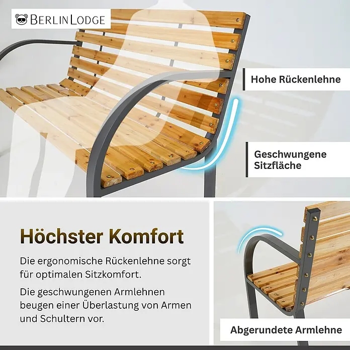 Berlinlodge Gartenbank SANTORINI 2-Sitzer - Lackiert|Pulverbeschichtet, Natur - Holz Gartenbank mit dunkelgrauem Metallgestell, hoher ergonomischer Rückenlehne, geschwungener Sitzfläche und abgerundeten Armlehnen für Komfort.